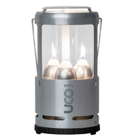 Silver camping lantern with UCO branding on a white background