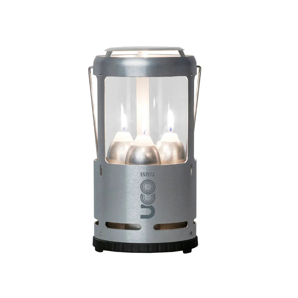 Silver camping lantern with UCO branding on a white background