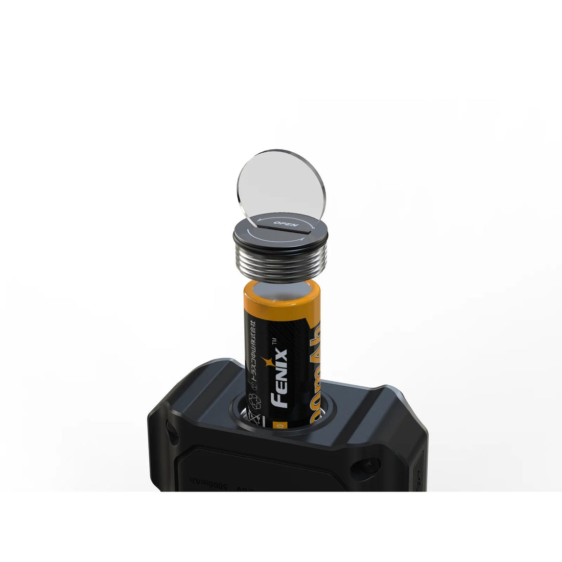 Fenix CL27R lantern with the battery cap open and the Fenix battery pulled out