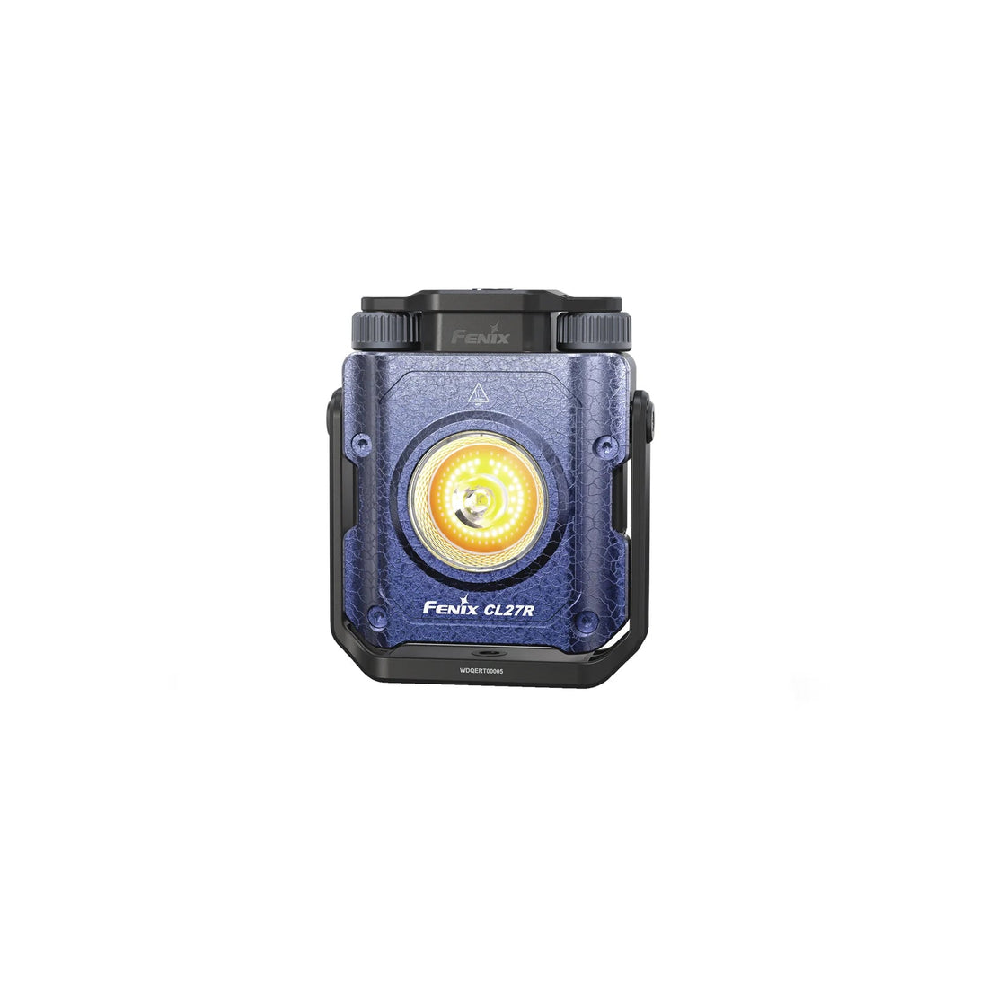 Fenix CL27R lantern in blue, straight-on front view of the lit flood panel