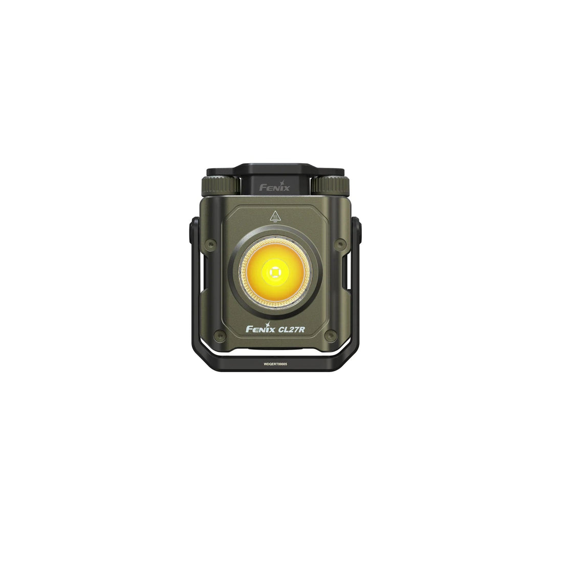 Fenix CL27R lantern in green, straight-on front view of the lit flood panel