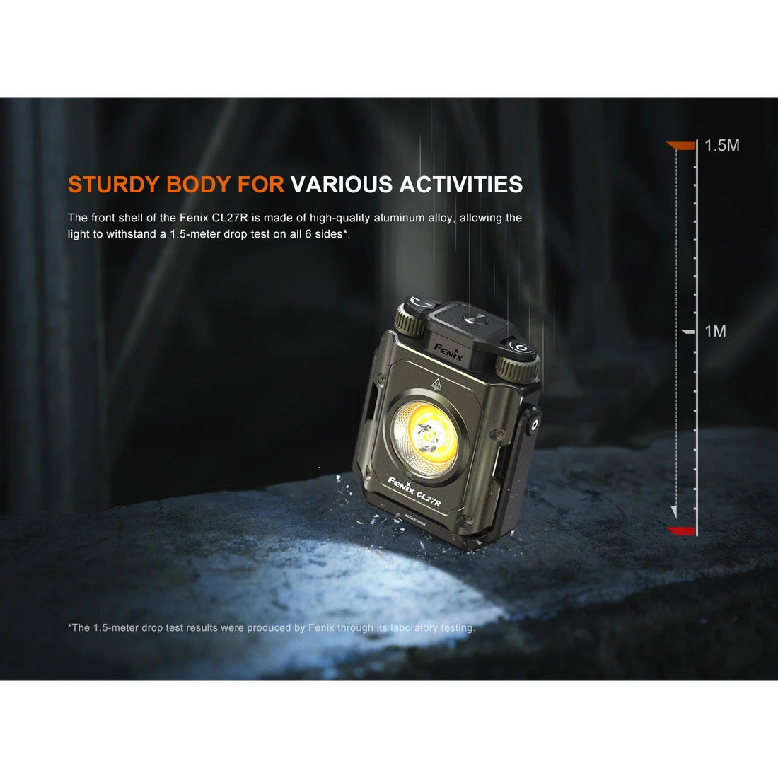 Fenix CL27R lantern on rocks, built for outdoor use