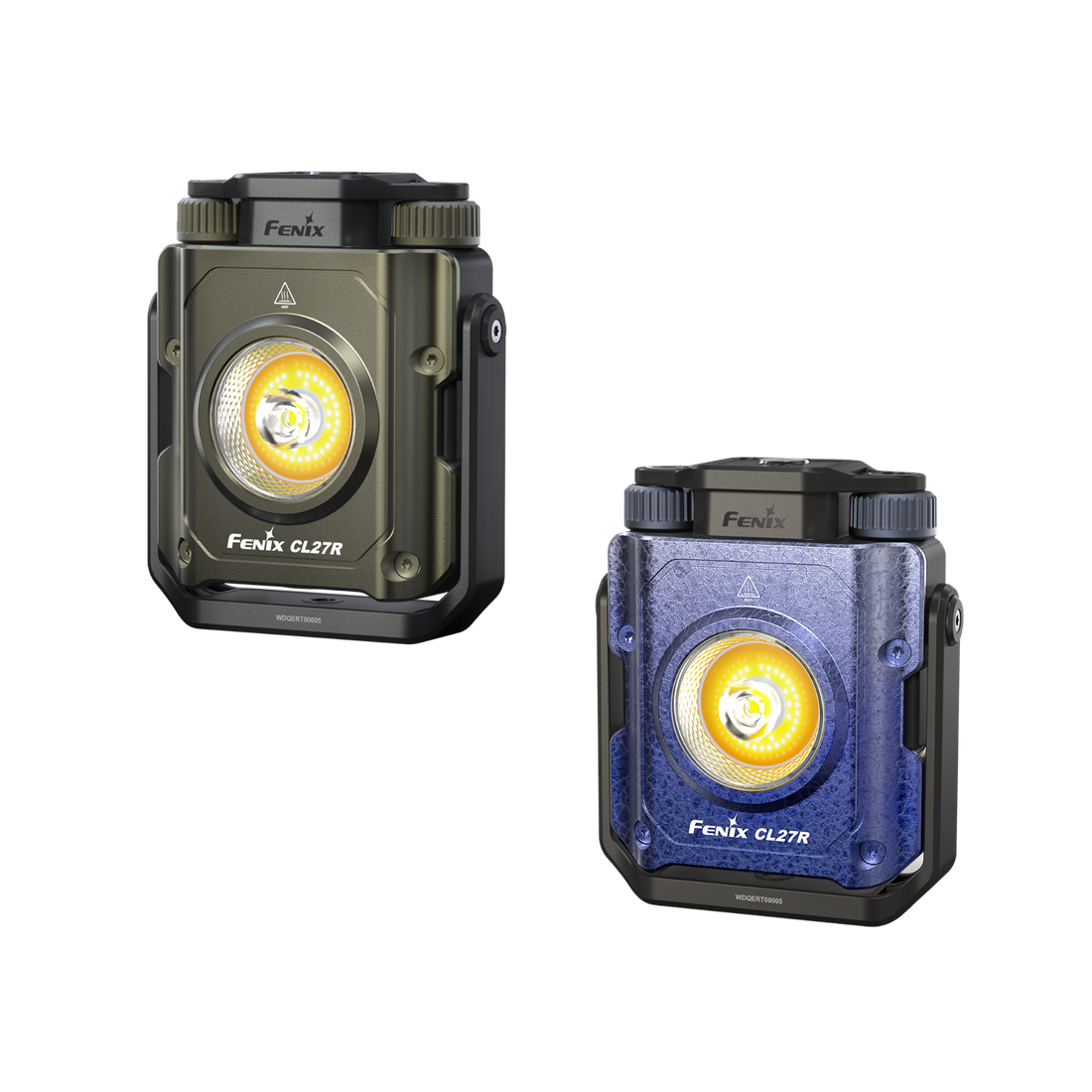 Two Fenix CL27R flashlights, one black and one blue, on a white background.