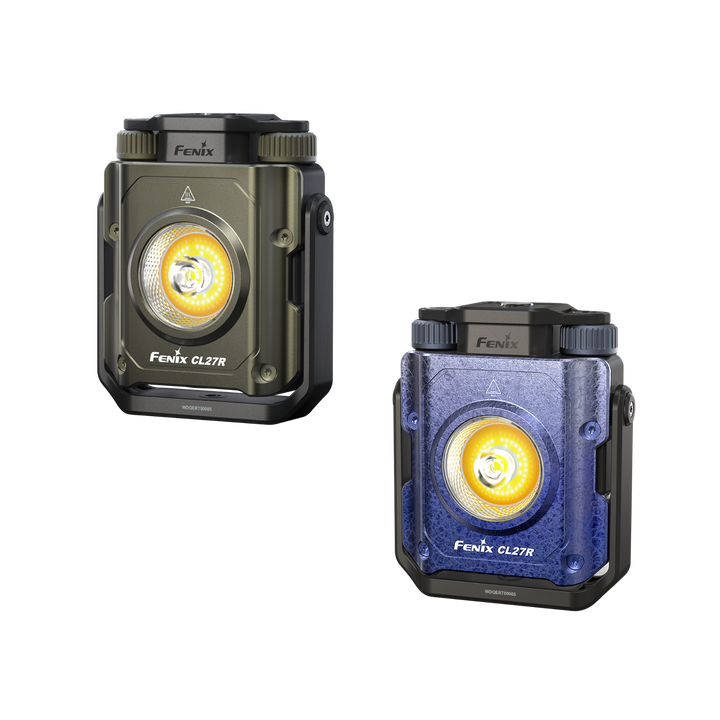 Two Fenix CL27R flashlights, one black and one blue, on a white background.