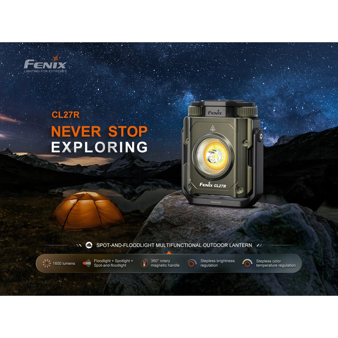 Fenix CL27R lantern lit at a campsite at night