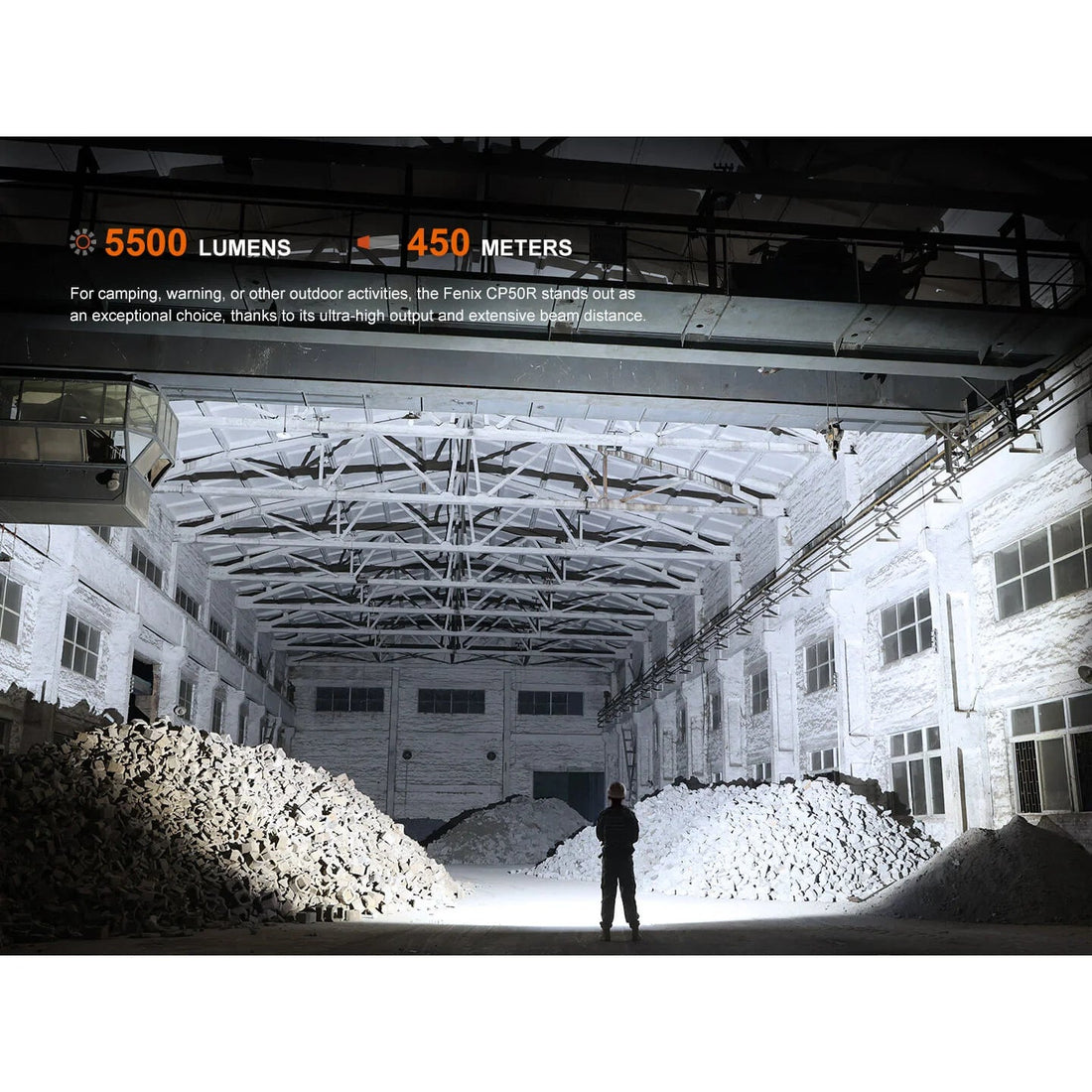 Fenix CP50R camping lantern lighting a large warehouse, 5500 lumens and 450 meter beam