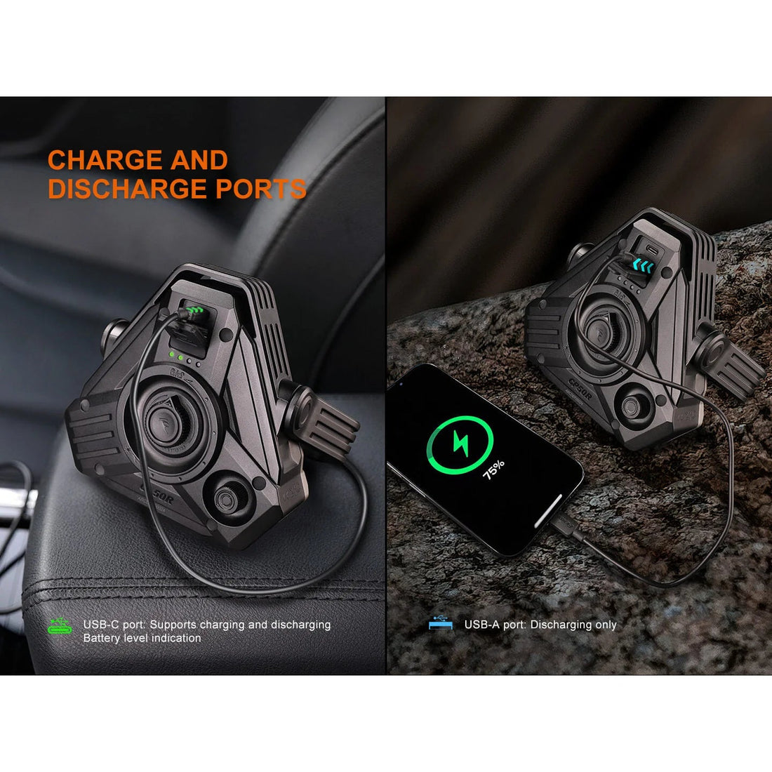 Fenix CP50R camping lantern USB-C and USB-A ports charging a phone as a power bank