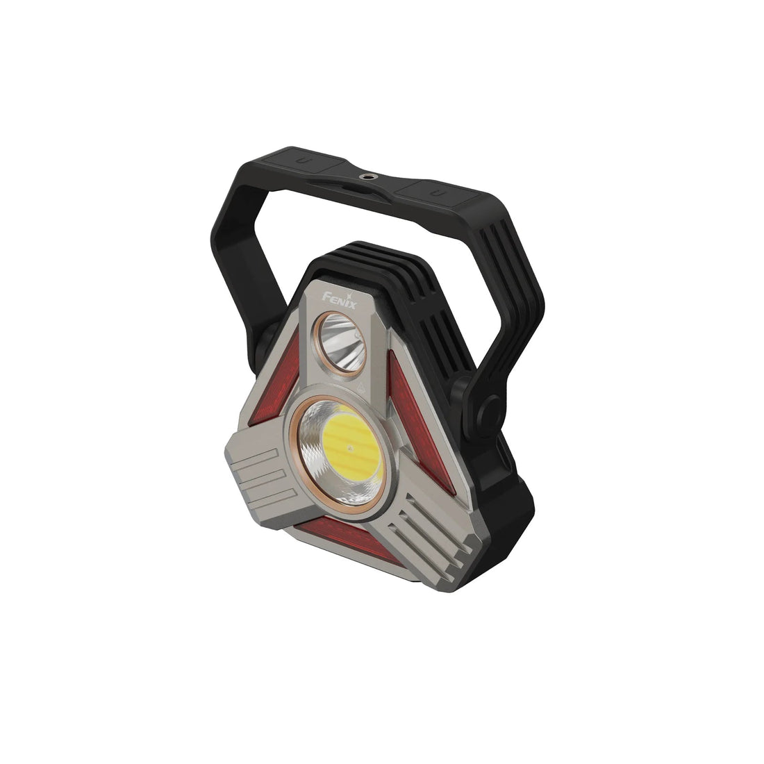 Fenix CP50R camping lantern with handle raised, angled front view