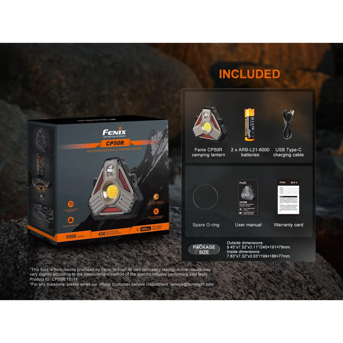 Fenix CP50R camping lantern box and included items: lantern, two 6000mAh 21700 batteries, USB-C cable, spare O-ring, manual and warranty card