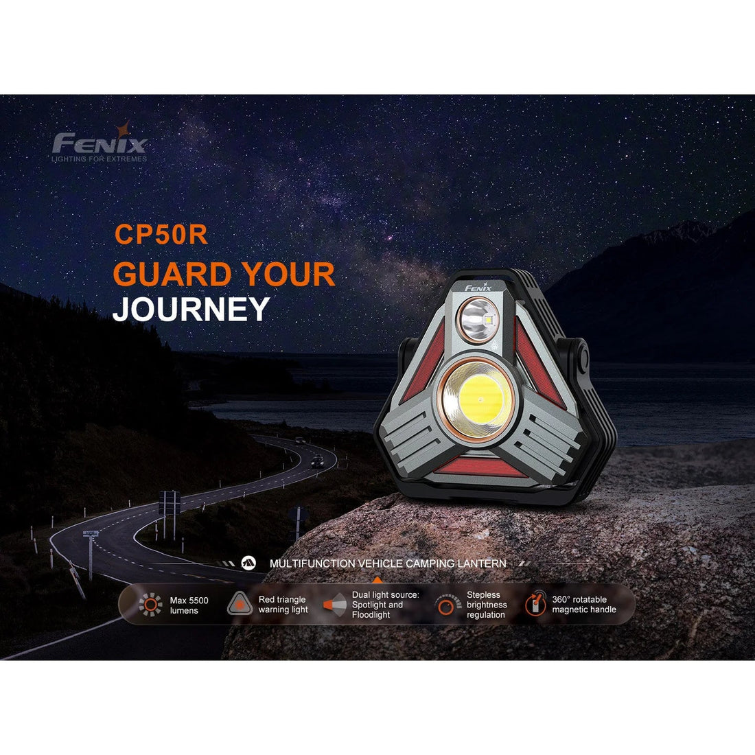 Fenix CP50R camping lantern on a rock at night beside a mountain road