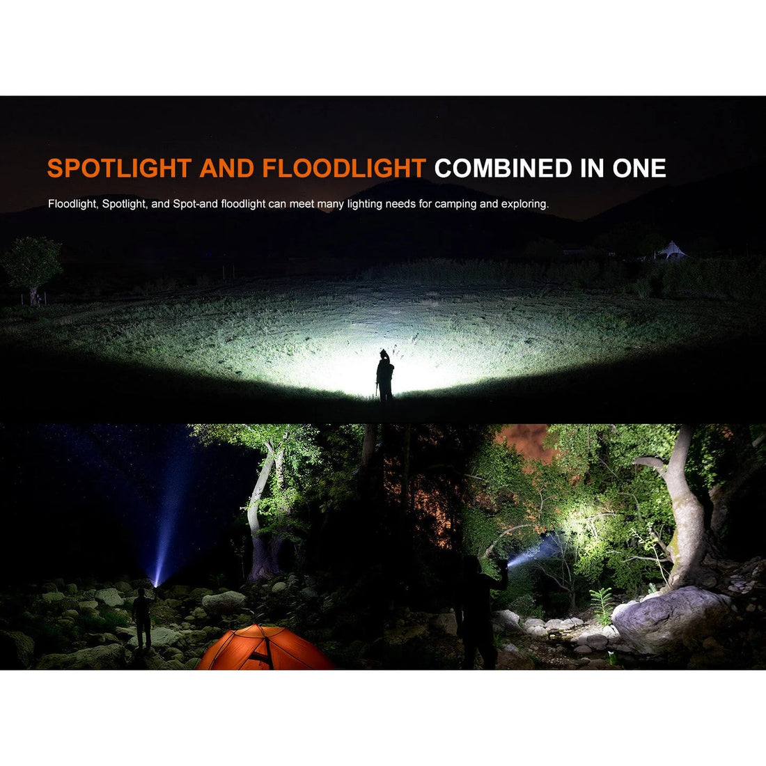 Fenix CP50R camping lantern spotlight and floodlight lighting a campsite at night