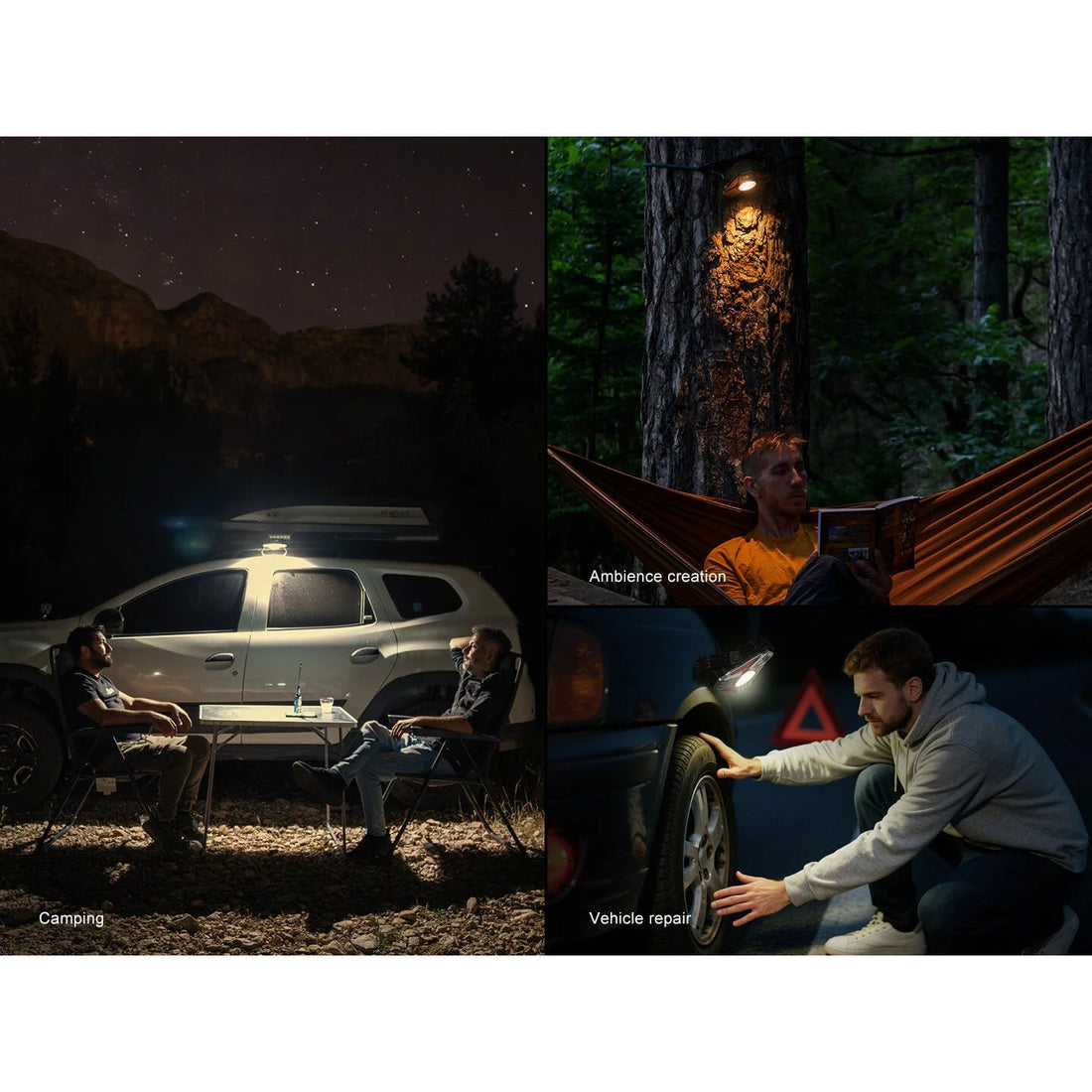 Fenix CP50R camping lantern in use for car camping, hammock lighting and vehicle repair