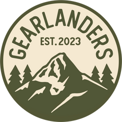 Circular logo with mountain and trees design, featuring 'Gearlanders' and 'Est. 2023'.