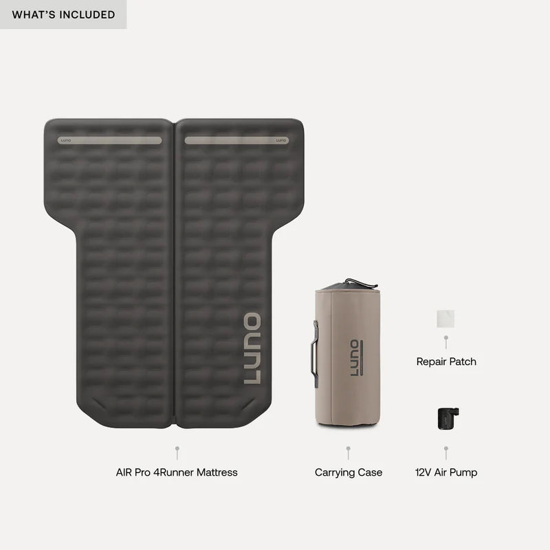LUNO air mattress set with carrying case, repair patch, and 12V air pump on a white background