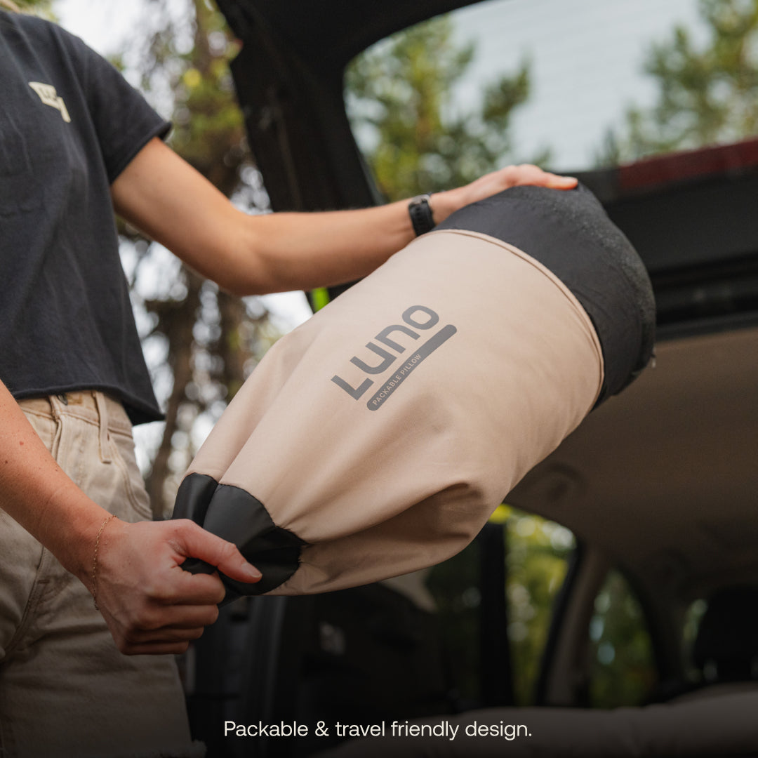 Luno packable pillow packed in stuff sack