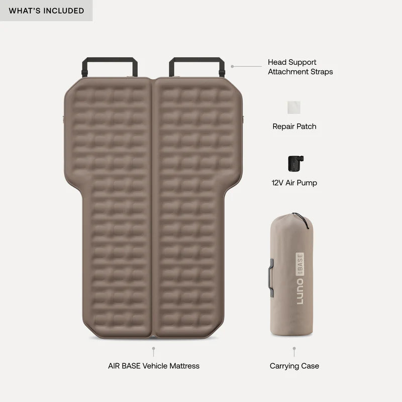 Air base vehicle mattress with repair patch, 12V air pump, and carrying case on a white background