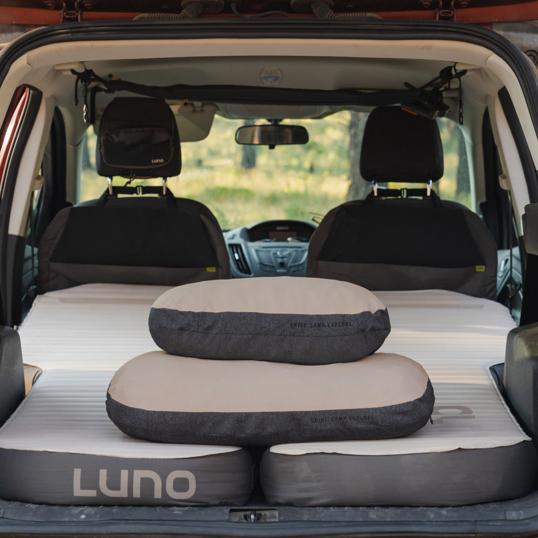 Luno packable pillows in a vehicle sleep setup
