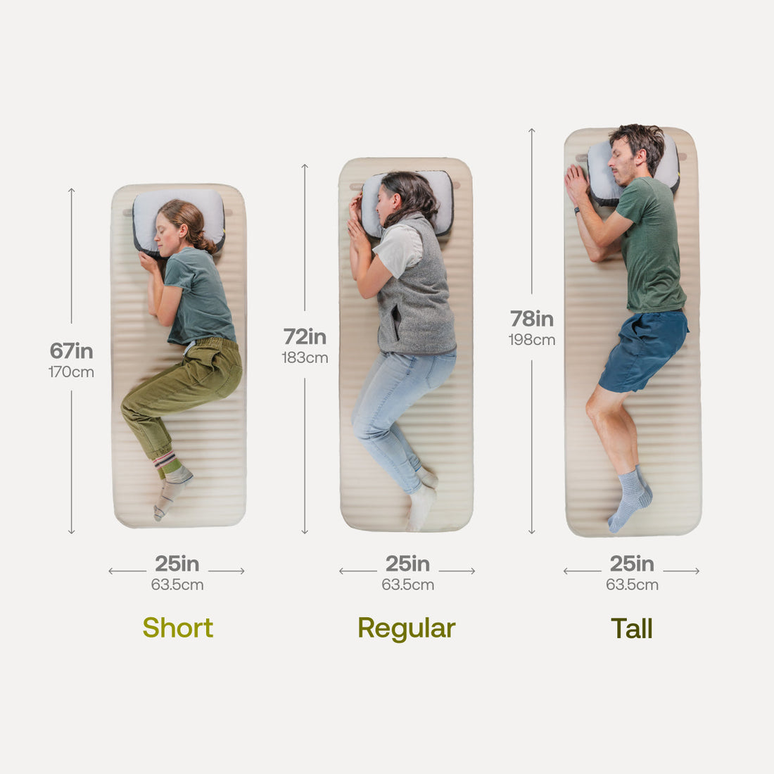 Three people lying on different sizes of a inflatable mattress with dimensions labeled.