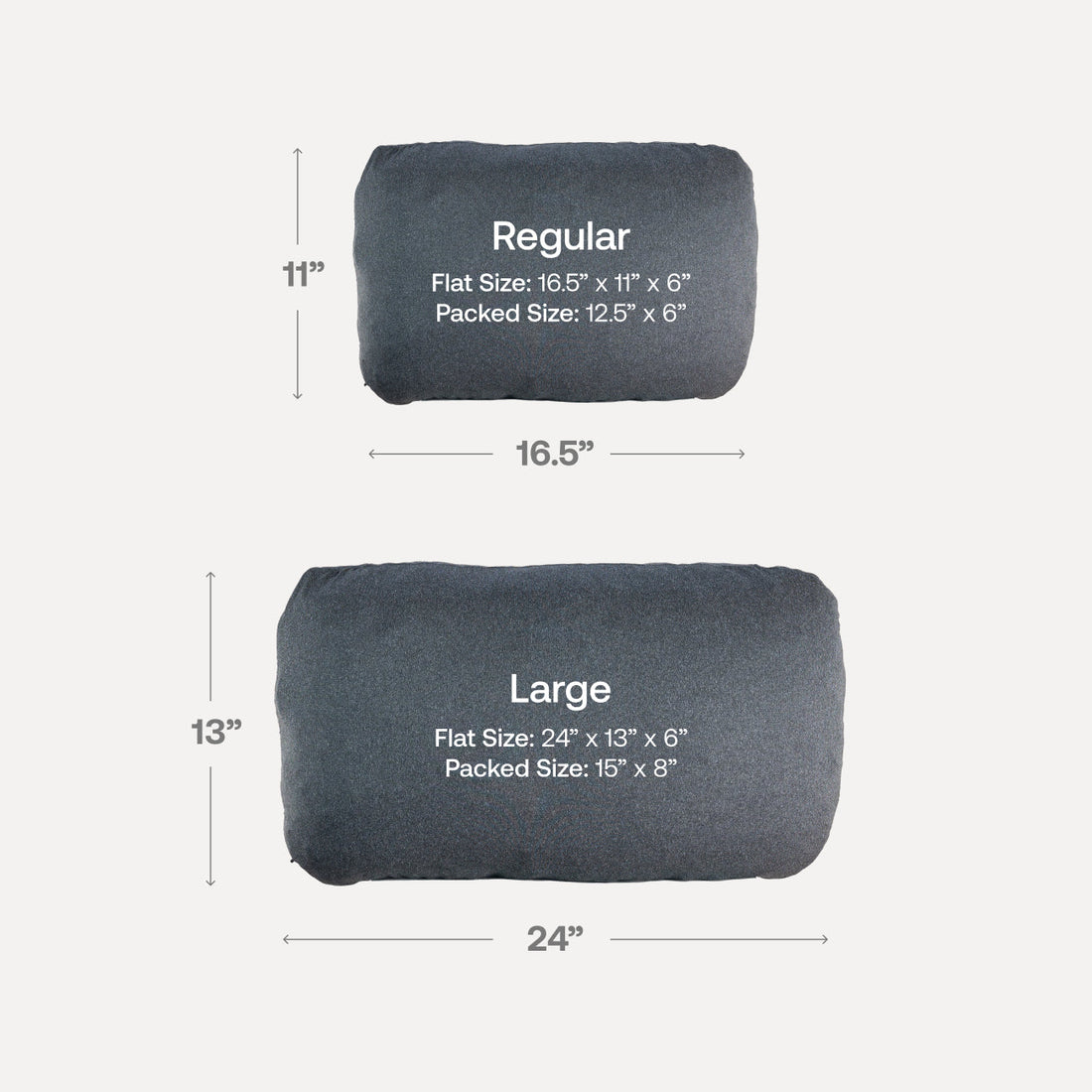 Luno packable pillow size guide, Regular and Large