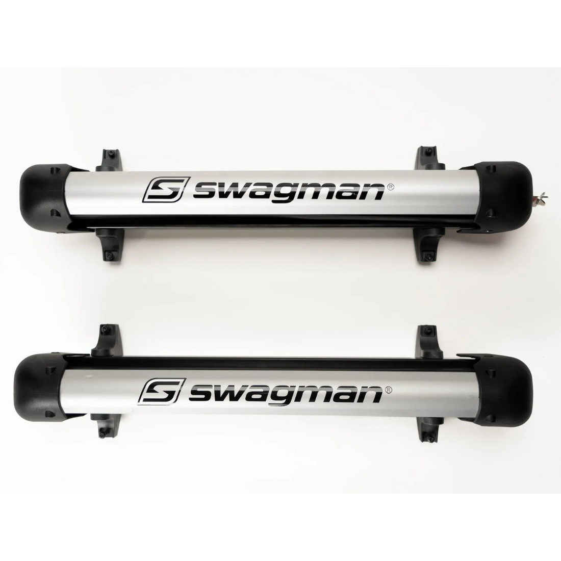 Two Swagman ski racks on a white background