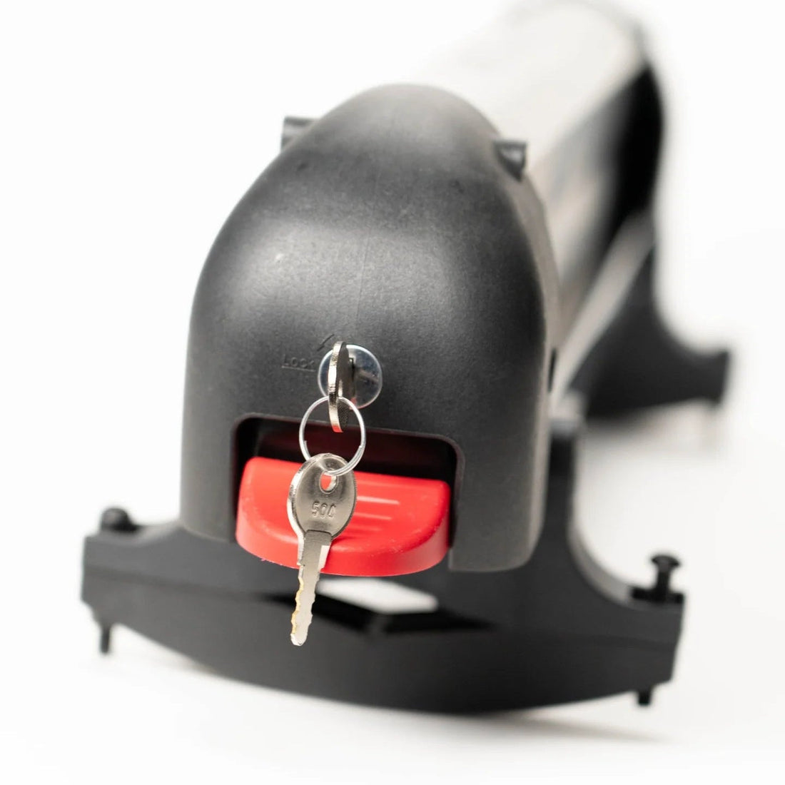 Squall4 ski rack lock with a key on a white background