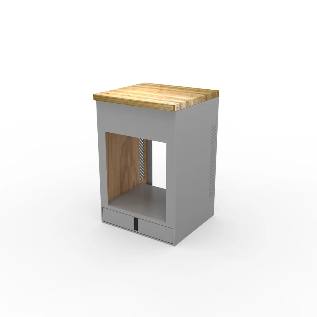 Flatline Adventure Van 24 in Galley in grey with a butcher block top, open fridge cavity and drawer below