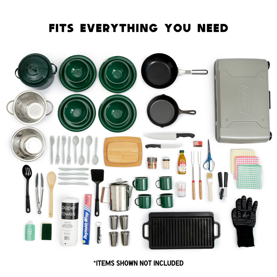 Collection of kitchen utensils and cookware with a carrying case labeled &