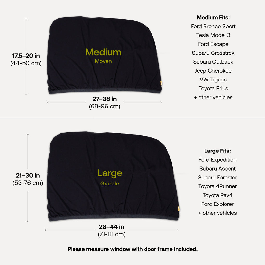 Luno window screen size guide with Medium and Large dimensions and example vehicles