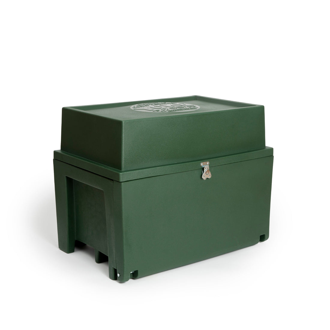 Green storage box with a lid on a white background