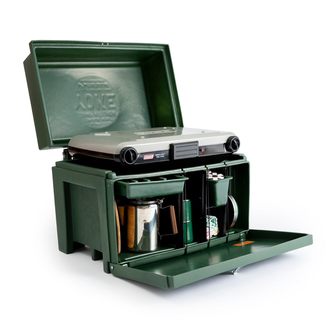 Green camping stove with accessories on a white background