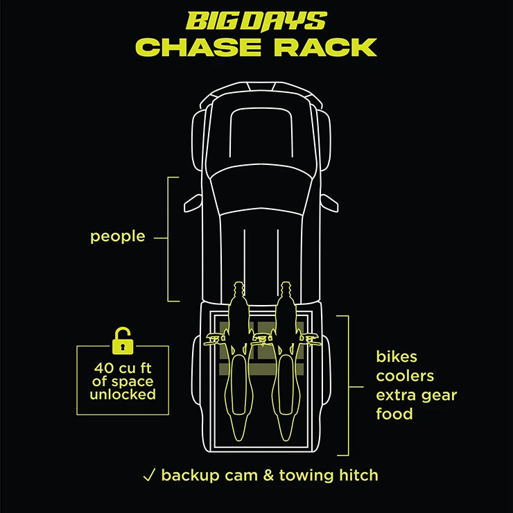 Big Days Chase Rack diagram: 2 dirt bikes upright free about 40 cu ft of bed space and keep the hitch clear