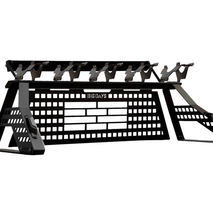 Big Days Chase Rack Pro 5-bike build with headache rack, five bike mounts and LED light bar, black finish