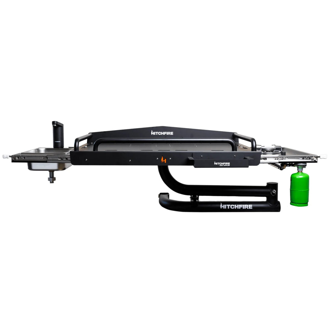 Black Hitchfire bike rack on a white background
