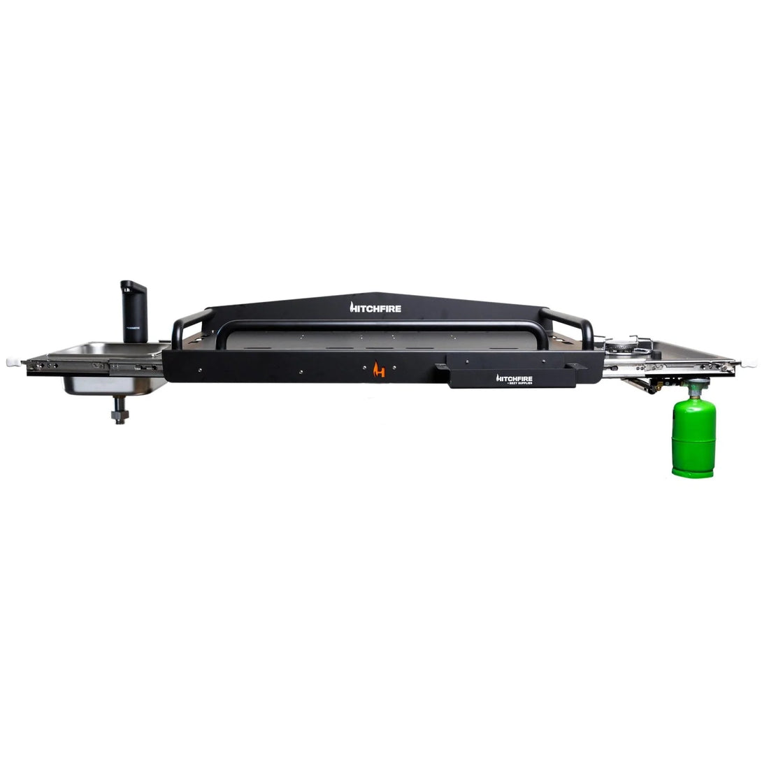 Butane grill with a green lighter on a white background