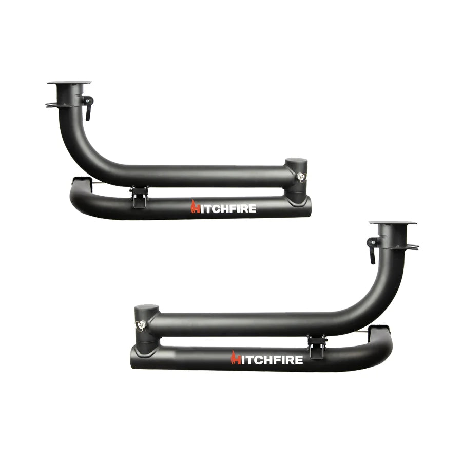 Two HitchFire DIY Dual Swing Arms on a white background