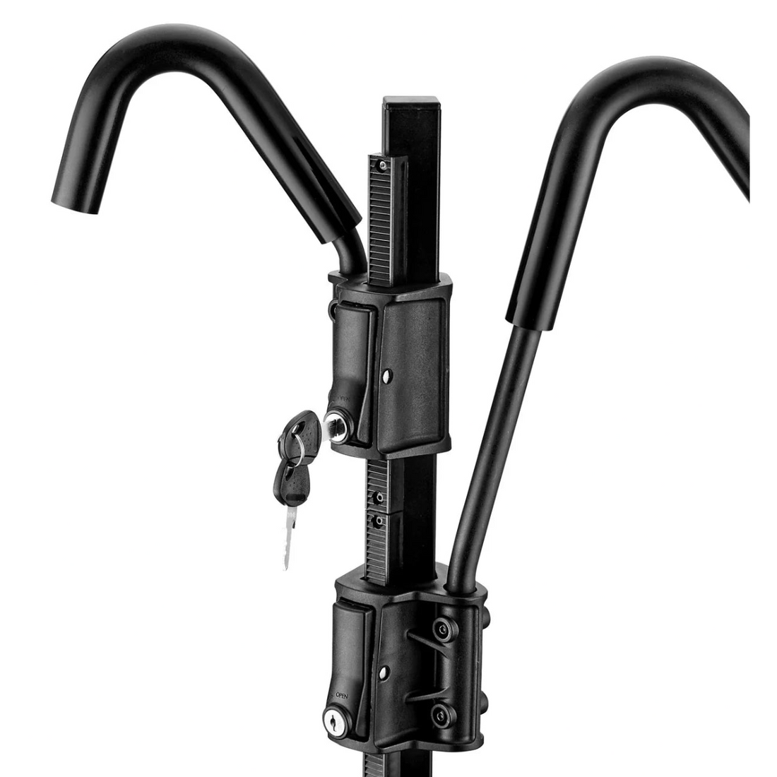 Black bike rack with two handles on a white background