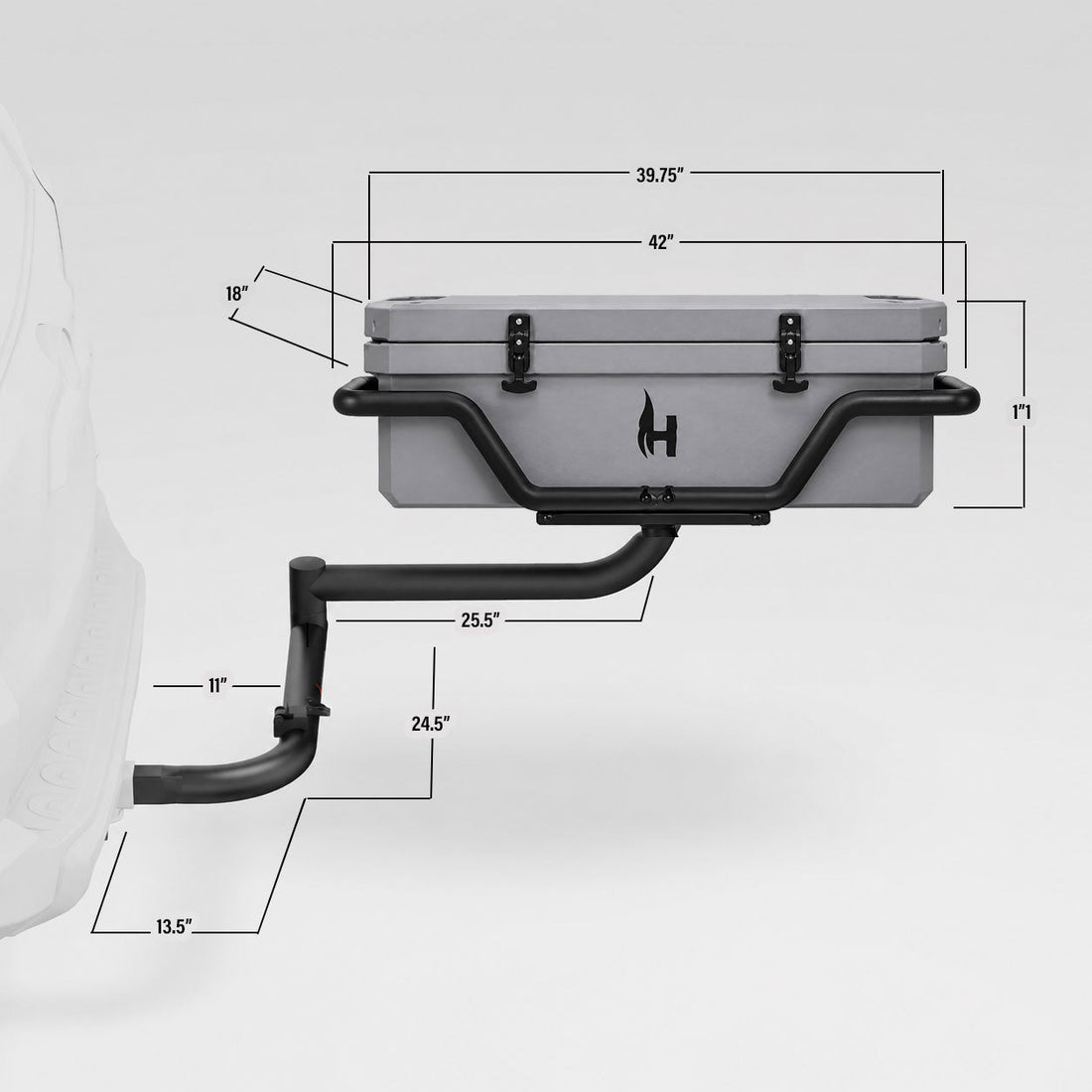 Measurement chart of a gray cooler with dimensions labeled on a white background
