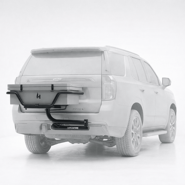 White SUV with a HitchFire product attached to the rear bumper on a white background