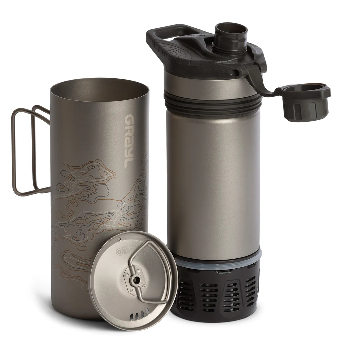 GeoPress Ti titanium outer cup, inner press and cook lid shown apart