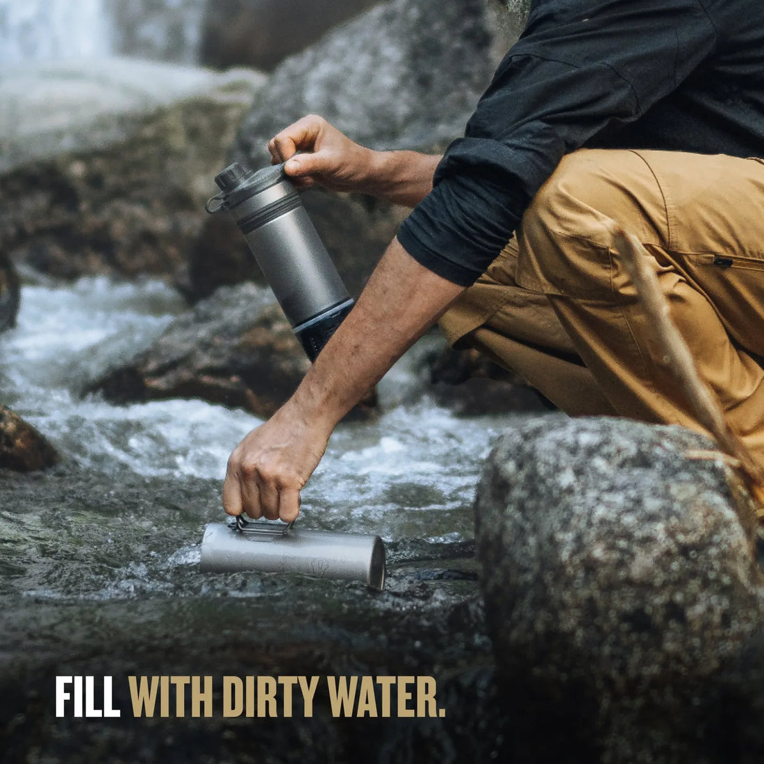 Filling the GeoPress Ti outer cup from a stream