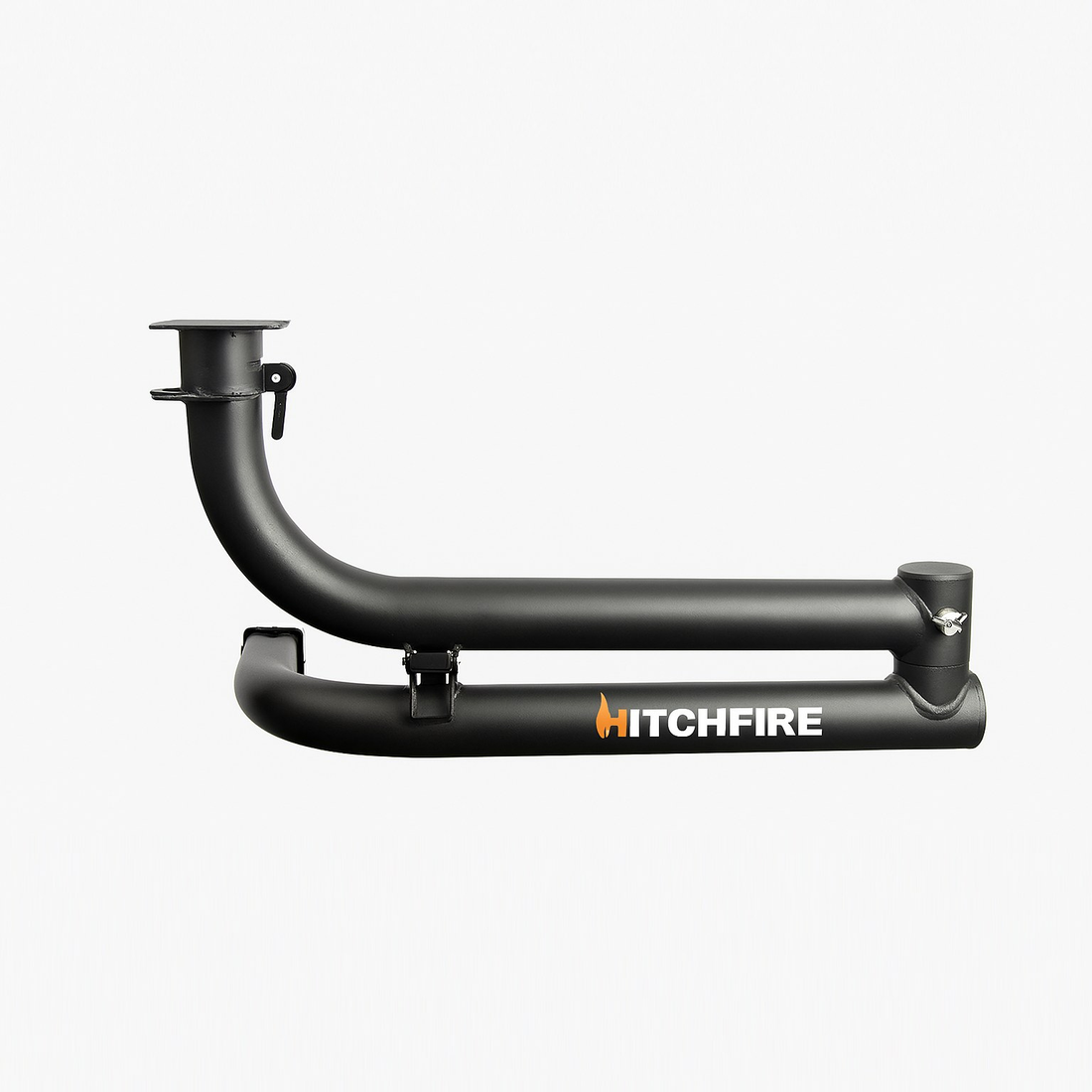 Black Hitchfire dual swing arm with a hitch receiver mount