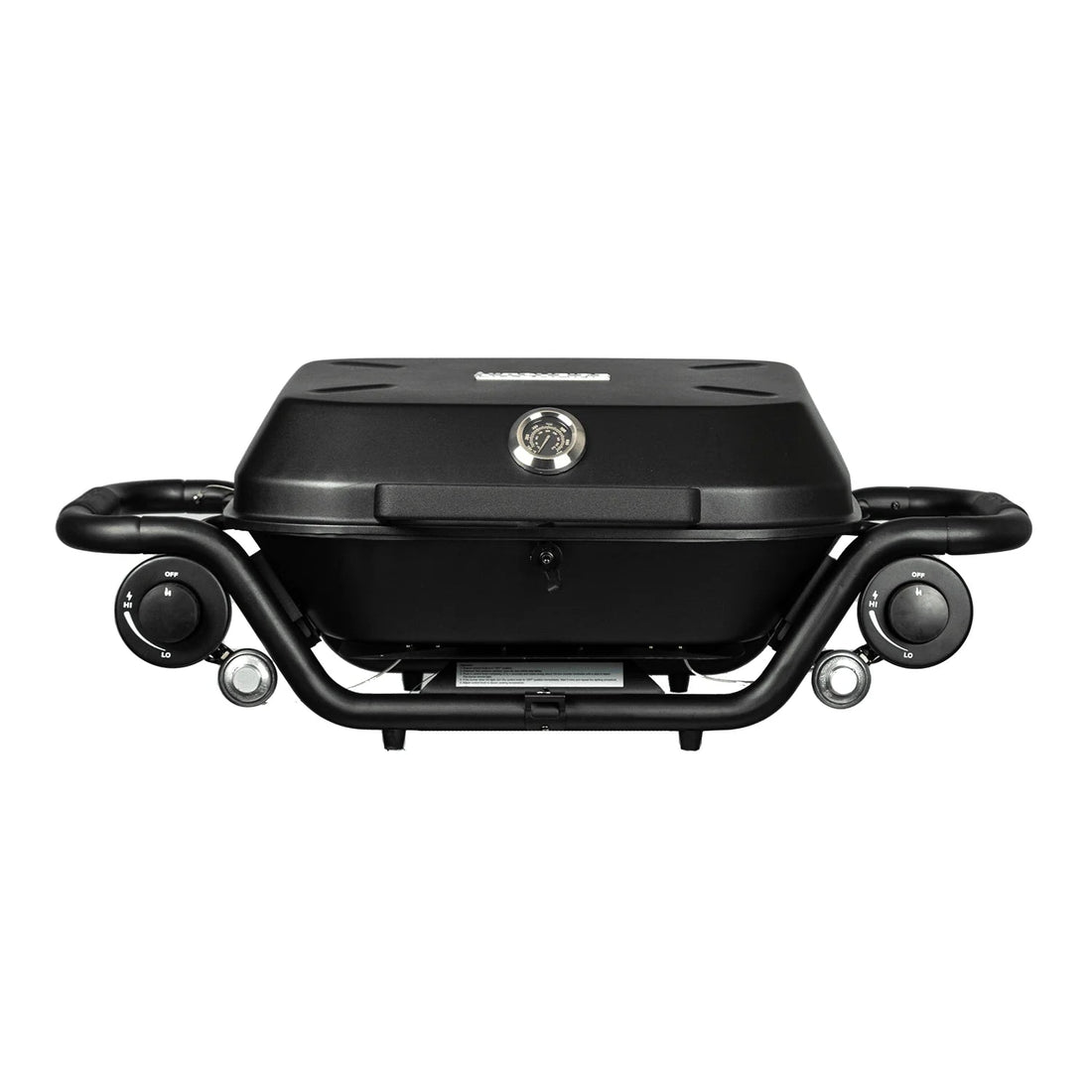 Black portable grill on a white background