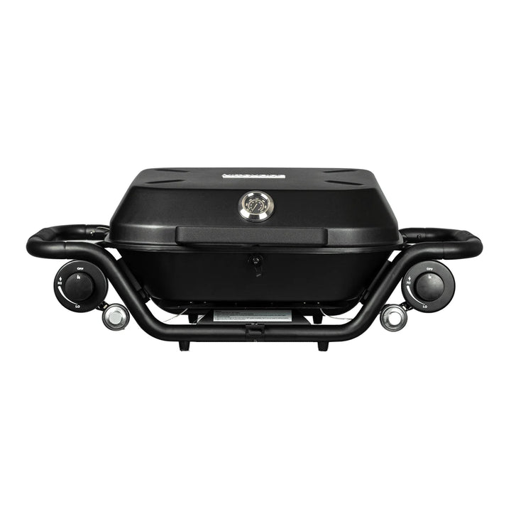 Black portable grill on a white background