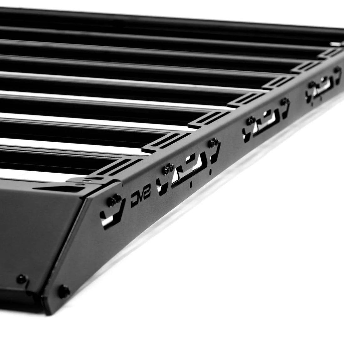 Black metal shelf with multiple brackets on a white background