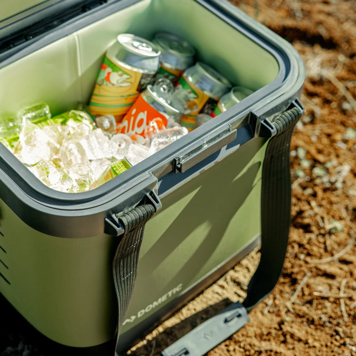 Dometic Recon Softside ZL cooler open outdoors, packed with drinks and ice