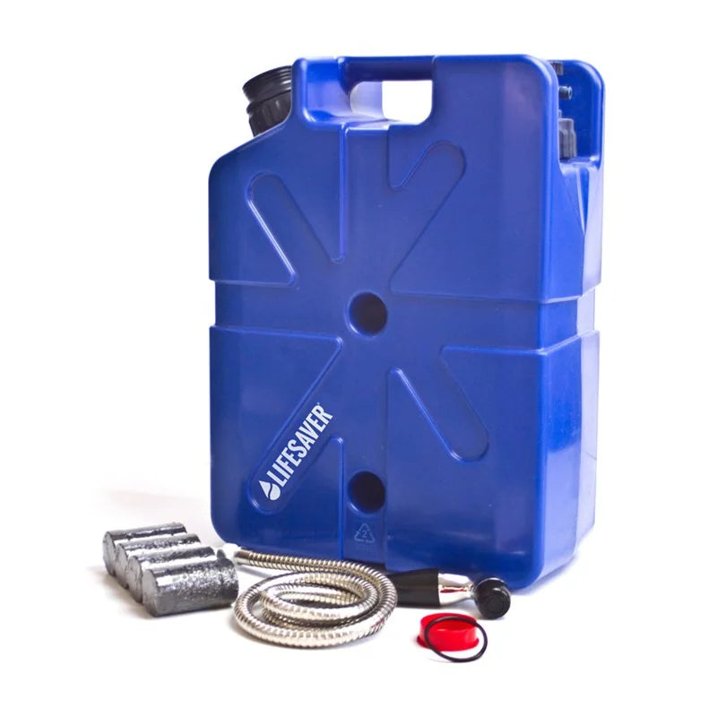 LifeSaver Jerrycan Family Emergency Preparedness Pack with the blue Jerrycan, foil-wrapped carbon filters and shower attachment