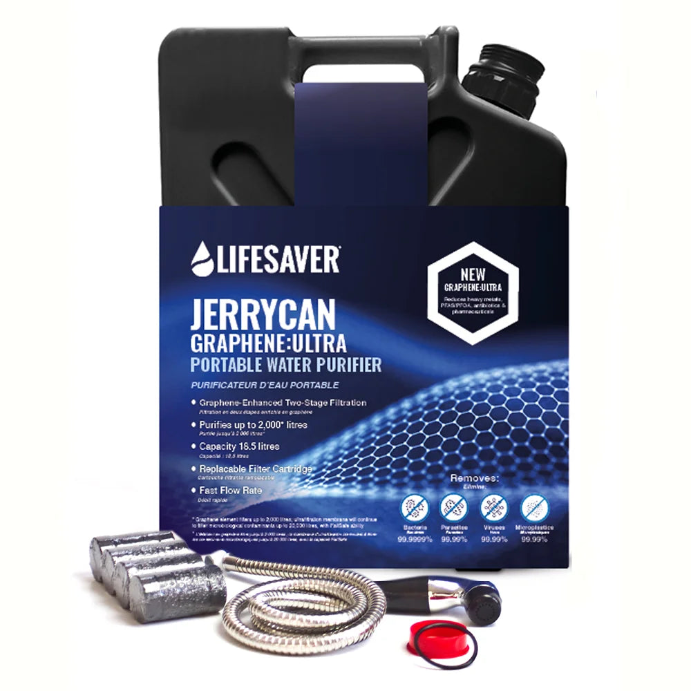 LifeSaver Jerrycan Graphene:Ultra Family Emergency Pack in Black with carbon filters and shower attachment