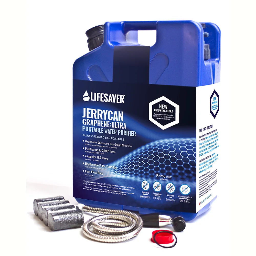 LifeSaver Jerrycan Graphene:Ultra Family Emergency Pack in Blue with carbon filters and shower attachment