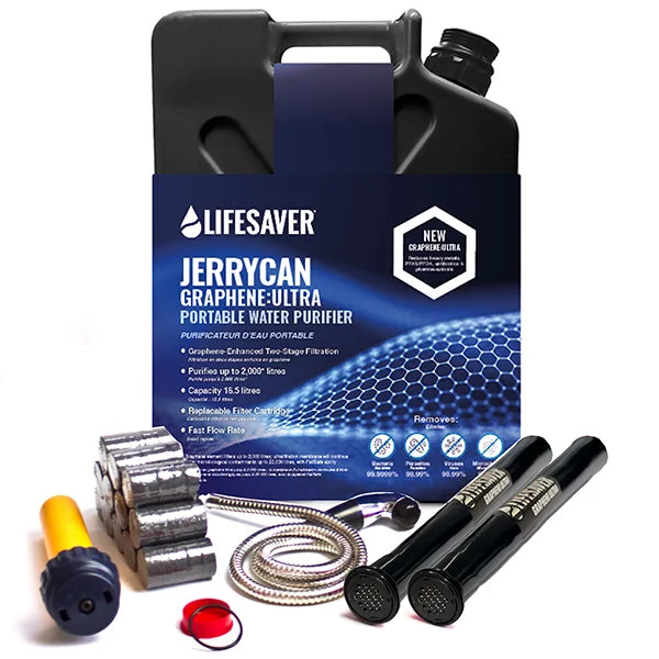 LifeSaver Jerrycan Graphene:Ultra Ultimate Emergency Pack in Black with spare cartridges, carbon filters and shower attachment