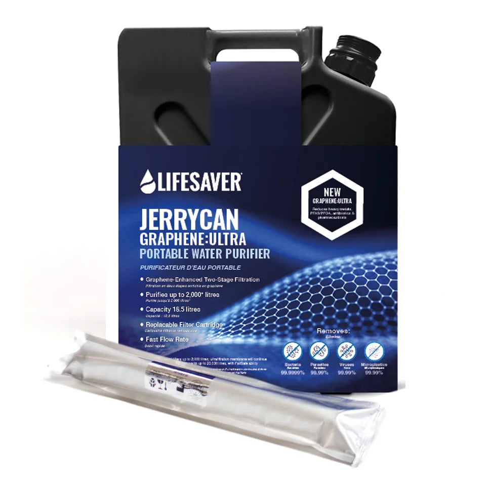 LifeSaver Jerrycan Graphene:Ultra Virus Survival Emergency Pack in Black with the foil-wrapped spare cartridge